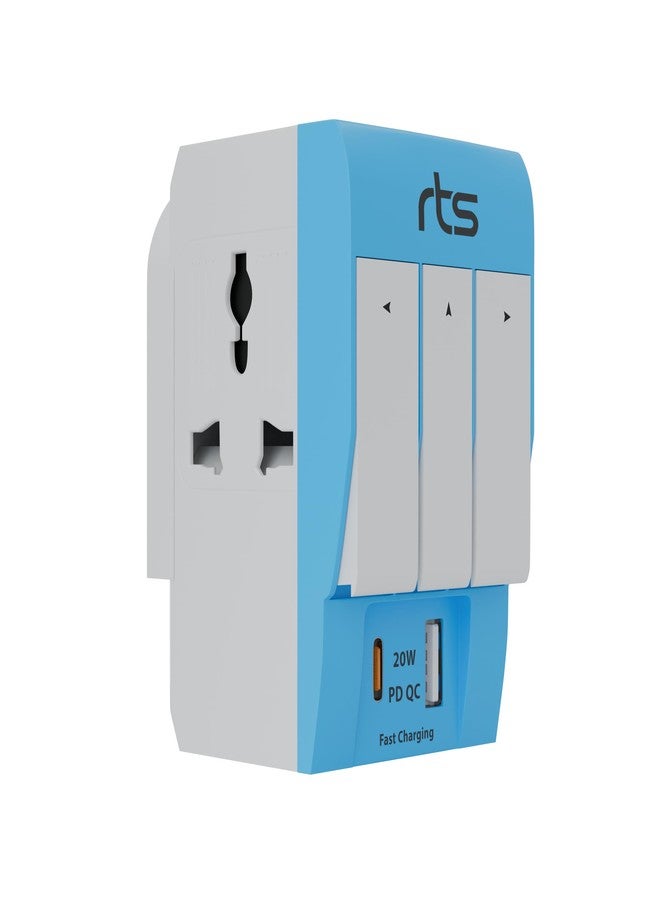 rts مقبس متعدد الأطراف ثلاثي الأطراف من RTS - محول سفر عالمي مزود بمنافذ USB ومنفذ Type-C PD ومفتاح أمان فردي ومؤشر LED - مقبس ثلاثي الاتجاهات (5 أمبير - 250 فولت) من النوع D للمنزل والمكتب - أزرق - Image 1